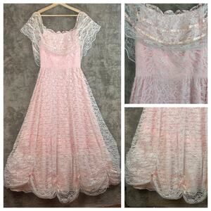 Vintage 80s Pale Pink Lace Off Shoulder Full Skirt Prom Dress Prairie Cottage